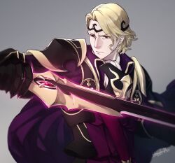 Rule 34 | 1boy, aristocratic clothes, armor, black armor, blonde hair, cape, circlet, closed mouth, fire emblem, fire emblem fates, highres, holding, holding sword, holding weapon, looking to the side, male focus, nintendo, red eyes, siegfried (sword), sword, ultrablueanya, weapon, xander (fire emblem)
