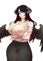 Rule 34 | 1girl, bare shoulders, black hair, black wings, breasts, colored inner hair, demon horns, feathered wings, highres, hololive, hololive english, horns, huge breasts, long hair, mamarissa ravencroft, mature female, mole, mole under eye, multicolored hair, nail polish, red eyes, ribbed sweater, ryuuen tanaka, sleeveless, sweater, thick thighs, thighs, turtleneck, turtleneck sweater, virtual youtuber, wide hips, wings