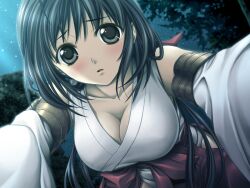 Rule 34 | 1girl, ahoge, black hair, blush, breasts, cleavage, collarbone, covered erect nipples, detached sleeves, eternity sword series, from below, game cg, grey eyes, hair between eyes, japanese clothes, kimono, long hair, looking at viewer, masaharu, medium breasts, night, open mouth, outdoors, ruptna, seinarukana, sleeveless, sleeveless kimono, solo, very long hair, white kimono, white sleeves