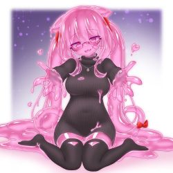 Rule 34 | 1girl, blush, breasts, colored skin, curss, glasses, highres, large breasts, monster girl, outstretched arms, pink eyes, pink hair, pink skin, slime girl, solo, twintails