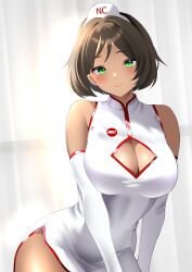 1girl absurdres breasts brown_hair challengia china_dress chinese_clothes dark-skinned_female dark_skin dress elbow_gloves gloves green_eyes highres honchan hostess large_breasts looking_at_viewer nchans ngo2.9_(biggeneral) short_hair simple_background smile solo white_dress