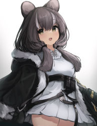 Rule 34 | 1girl, absurdres, animal ears, arknights, bear ears, black hair, black jacket, breasts, brown eyes, commentary request, fur-trimmed hood, fur-trimmed jacket, fur-trimmed sleeves, fur trim, gradient background, grey background, hair between eyes, hair over shoulder, highres, honeyberry (arknights), hood, hood down, hooded jacket, jacket, long hair, looking at viewer, low twintails, medium breasts, multicolored hair, open clothes, open jacket, open mouth, pleated skirt, shirt, skirt, solo, streaked hair, teruriu, twintails, white background, white hair, white shirt, white skirt