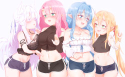 Rule 34 | 4girls, :d, animal ear fluff, animal ears, asymmetrical docking, bandages, bandaged arm, bandages, bare shoulders, black shirt, black shorts, blonde hair, blue eyes, blue hair, blue shorts, breast press, breasts, camisole, cat ears, cat girl, cat tail, cleavage, collarbone, cowboy shot, crop top, dolphin shorts, fang, frilled shirt, frills, green eyes, groin, hair intakes, highres, horns, large breasts, long hair, long sleeves, looking at another, medium breasts, midriff, mitsudomoe (shape), multiple girls, navel, off-shoulder shirt, off shoulder, one side up, oni horns, open mouth, original, pink eyes, pink hair, pointy ears, poking, purple shorts, ribbed sweater, shirt, short shorts, shorts, sidelocks, simple background, sleeveless, sleeveless shirt, sleeveless turtleneck, smile, standing, stomach, sweater, tail, tattoo, thighs, tomoe (symbol), turtleneck, twintails, very long hair, white background, white hair, white shirt, zhaofeng yinyue