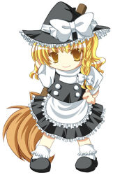 Rule 34 | 1girl, apron, arm up, black footwear, black hat, black skirt, black vest, blonde hair, bow, braid, broom, buttons, chibi, closed mouth, commentary request, frilled skirt, frilled socks, frills, full body, hair bow, hand on own hip, hat, hat bow, holding, holding broom, kirisame marisa, long hair, looking at viewer, mary janes, medium bangs, morinaga hinase, pigeon-toed, puffy short sleeves, puffy sleeves, shirt, shoes, short sleeves, simple background, single braid, skirt, skirt set, smile, socks, solo, standing, touhou, vest, waist apron, white apron, white background, white bow, white shirt, white socks, witch hat, yellow eyes