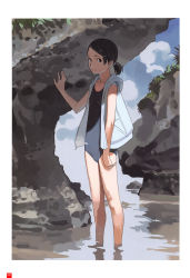 Rule 34 | 1girl, black eyes, black hair, cloud, day, flat chest, hair ornament, hairclip, highres, hood, hoodie, one-piece swimsuit, open clothes, open hoodie, original, ponytail, rock, school swimsuit, shore, short hair, sleeveless, solo, swimsuit, takamichi