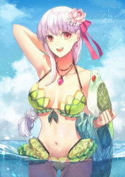 Rule 34 | 1girl, arm behind head, arm up, armlet, armpits, bare shoulders, bikini, bird, blue sky, blush, bracelet, braid, braided ponytail, breasts, cleavage, collarbone, commentary request, earrings, fate/grand order, fate (series), flower, frills, green bikini, green vest, hair flower, hair ornament, hair ribbon, highres, jewelry, kama (fate), kama (swimsuit avenger) (fate), kama (swimsuit avenger) (second ascension) (fate), large breasts, long hair, looking at viewer, lotus, necklace, ocean, open mouth, parakeet, pendant, red eyes, ribbon, sad adrian, silver hair, sky, smile, swimsuit, thighs, vest, unworn vest, wading, wet