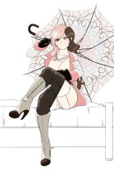 Rule 34 | 1girl, bed, blush, breasts, brown hair, cleft of venus, coat tails, gloves, heterochromia, high heels, hip focus, jacket, jewelry, looking at viewer, multicolored hair, neo politan, open clothes, open jacket, pink hair, pussy, rwby, simple background, sinccubi, sitting, smile, thighhighs, two-tone hair, umbrella, uncensored, undressing