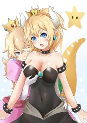 Rule 34 | 2girls, armlet, bare shoulders, black dress, blonde hair, blue eyes, bowsette, bracelet, grabbing another&#039;s breast, breasts, collar, covered navel, crown, dress, earrings, elbow gloves, fang, gem, gloves, grabbing, hair between eyes, hand on another&#039;s hip, highres, horns, jewelry, large breasts, looking at viewer, mario (series), mihoazuazu.1996, multiple girls, naughty face, new super mario bros. u deluxe, nintendo, open mouth, pink dress, pointy ears, ponytail, princess peach, puffy short sleeves, puffy sleeves, short sleeves, spiked bracelet, spiked collar, spiked tail, spikes, super star (mario), strapless, strapless dress, super crown, tail, turtle shell, white gloves, yuri