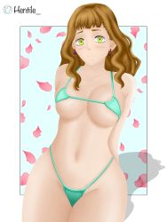 Rule 34 | 1girl, absurdres, aqua background, artist name, bikini, bikini top only, black clover, blush, border, breast press, breasts, brown hair, curly hair, green eyes, hentile, highres, large breasts, mimosa vermillion, petals, shadow, simple background, solo, swimsuit, twitter username