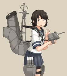 Rule 34 | 1girl, adapted turret, black hair, blue sailor collar, blue skirt, brown eyes, brown hair, cannon, chagamaka, commentary request, cowboy shot, grey background, highres, kantai collection, logo, machinery, miyuki (kancolle), pleated skirt, sailor collar, school uniform, serafuku, short hair, simple background, skirt, smokestack, solo, torpedo launcher, turret