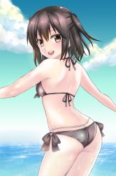 Rule 34 | 10s, 1girl, ass, back, bad id, bad pixiv id, bare arms, bikini, brown eyes, brown hair, cowboy shot, day, from behind, hair between eyes, highres, horizon, kantai collection, looking at viewer, looking back, ocean, open mouth, outdoors, sendai (kancolle), short hair, sky, smile, solo, swimsuit, thong, two side up, water, yuzuttan