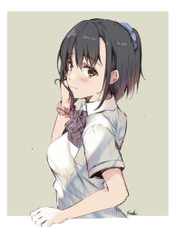 Rule 34 | 1girl, black hair, blue scrunchie, blush, bow, breasts, brown bow, brown eyes, closed mouth, collared shirt, cropped torso, grey background, hair between eyes, hair ornament, hair scrunchie, original, ponytail, scrunchie, shirt, short sleeves, small breasts, solo, suihi, two-tone background, upper body, white background, white shirt, wrist scrunchie