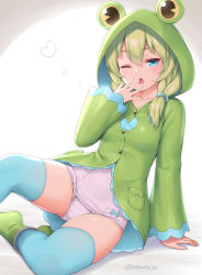 1girl, animal hood, arm support, blue eyes, blue legwear, covering mouth, frog hood, green hair, hair over shoulder, hand over own mouth, hand up, hood, hood up, kaeru (sasaame), long sleeves, looking at viewer, one eye closed, original, parted lips, pink swimsuit, raincoat, sasaame, solo, swimsuit, swimsuit under clothes, symbol commentary, thighhighs, twitter username, yawning