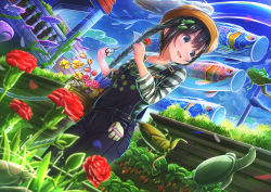 Rule 34 | 1girl, :d, aiuabo, basket, black eyes, black hair, blouse, blue flower, braid, commentary request, day, fish, fish hair ornament, flower, flying fish, food, frog, fruit, gardening, gloves, hair ornament, hat, highres, holding, holding flower, holding scissors, koinobori, long hair, long sleeves, open mouth, original, outdoors, overalls, plant, red flower, scissors, shirt, sidelocks, smile, solo, strawberry, striped clothes, striped shirt, tadpole, turtle, twin braids, unworn gloves, very long hair, water bug, windsock, yellow flower