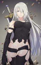 Rule 34 | 1girl, android, bare shoulders, black gloves, black thighhighs, blue eyes, breasts, closed mouth, commentary, elbow gloves, gloves, highres, joints, long hair, looking at viewer, mole, mole under mouth, murata tefu, nier (series), nier:automata, robot joints, shorts, silver hair, solo, sword, thighhighs, weapon, a2 (nier:automata)