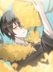 Rule 34 | 1boy, black hair, blue background, bonno sasu, e.g.o (project moon), flower, hanbok, hand fan, highres, holding, holding fan, korean clothes, korean text, limbus company, male focus, one eye covered, project moon, shadow, short hair, sleeves past elbows, solo, yellow eyes, yellow flower, yi sang (project moon)