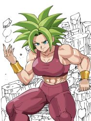 1girl blue_eyes bracer breasts captain_tai cleavage dragon_ball dragon_ball_super female_focus fusion green_hair highres kefla_(dragon_ball) large_breasts medium_hair midriff muscular muscular_female sitting solo spiked_hair super_saiyan thick_thighs thighs