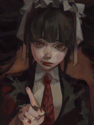 Rule 34 | 1girl, artist name, black hair, black jacket, brown background, celestia ludenberg, danganronpa: trigger happy havoc, danganronpa (series), earrings, highres, hvmbrgrr, jacket, jewelry, long hair, looking at viewer, nail polish, necktie, open clothes, open jacket, red eyes, red lips, red nails, red necktie, solo, upper body