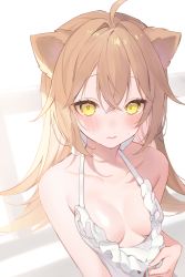 Rule 34 | 1girl, absurdres, animal ears, blonde hair, blush, bow, breasts, collarbone, dress, highres, indie virtual youtuber, lifted by self, lion ears, long hair, looking at viewer, no bra, rurudo lion, rurudo lion (1st costume), small breasts, solo, sweat, virtual youtuber, white dress, yellow eyes, yuita (yuita17)