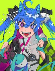 Rule 34 | 1girl, absurdres, animal ears, aqua hair, black bow, black hoodie, blue eyes, blue hair, bow, bright pupils, green background, grey hoodie, hair between eyes, highres, holding, holding own hair, hood, hood down, hoodie, horse ears, long hair, looking at viewer, multicolored clothes, multicolored eyes, multicolored hair, multicolored hoodie, niku 0000, open mouth, original, purple eyes, sharp teeth, simple background, smile, solo, sparkle, striped, stuffed animal, stuffed rabbit, stuffed toy, symbol-shaped pupils, teeth, tongue, twin turbo (umamusume), twintails, two-tone hair, upper body, white pupils