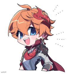 Rule 34 | 1boy, blue eyes, blush, chibi, cropped torso, crossed bangs, earrings, genshin impact, hair between eyes, highres, homare (g hmr88), jacket, jewelry, looking at viewer, male focus, mask, mask on head, open mouth, orange hair, red mask, red scarf, scarf, signature, simple background, single earring, solo, tartaglia (genshin impact), upper body, white background