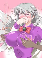 Rule 34 | 1girl, ^^^, breasts, covered erect nipples, grabbing, grabbing from behind, gradient background, heart, huge breasts, impossible clothes, impossible shirt, kishin sagume, nipple stimulation, nipple tweak, nipples, pink background, shirt, solo focus, tears, touhou, upper body, yoshino (hell-ion)