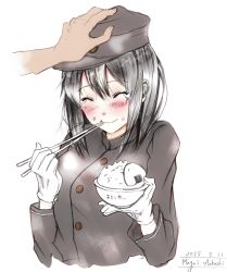 Rule 34 | 10s, akitsu maru (kancolle), artist name, black hair, blush, bowl, chopsticks, dated, eating, food, food on face, gloves, hair between eyes, hand on another&#039;s head, hat, headpat, kantai collection, magai akashi, military, military uniform, peaked cap, rice, rice on face, short hair, simple background, tearing up, uniform, white background, white gloves