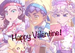 Rule 34 | 1girl, 2boys, alternate hairstyle, apron, bad id, bad pixiv id, bede (pokemon), berry (pokemon), blonde hair, blue eyes, book, bow, bowtie, braid, bright pupils, buttons, chef hat, closed mouth, collared dress, commentary request, creatures (company), curly hair, dress, earrings, game freak, gen 8 pokemon, grin, hand up, happy valentine, hat, highres, holding, holding book, hop (pokemon), jewelry, komame (st beans), marnie (pokemon), morpeko, morpeko (full), multiple boys, nintendo, open mouth, pecha berry, pokemon, pokemon (creature), pokemon swsh, red neckwear, short sleeves, smile, sweatdrop, teeth, tongue, twin braids, waist apron, white pupils, yellow eyes