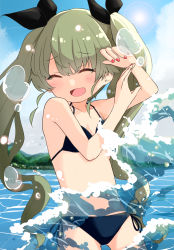 Rule 34 | 1girl, anchovy (girls und panzer), barashiya, bikini, black bikini, black ribbon, blue sky, breasts, closed eyes, cloud, cloudy sky, commentary, day, drill hair, girls und panzer, green hair, hair ribbon, halterneck, highres, lake, lens flare, light particles, long hair, nail polish, open mouth, outdoors, red nails, ribbon, side-tie bikini bottom, sky, small breasts, smile, solo, splashing, standing, string bikini, sun, swimsuit, twin drills, twintails, wading, water drop