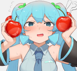 Rule 34 | !?, 1girl, @ @, abmayo, bare shoulders, black sleeves, blush, breasts, cherry, collared shirt, commentary, detached sleeves, flying sweatdrops, food, fruit, hair ornament, hatsune miku, highres, holding, holding food, long hair, looking at viewer, medium breasts, necktie, open mouth, portrait, shirt, solo, sweat, tearing up, twintails, vocaloid