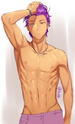 Rule 34 | 10s, 1boy, arm up, bracelet, cowboy shot, cross, cross necklace, ensemble stars!, hand in own hair, jewelry, looking at viewer, male focus, navel, necklace, nipples, otogari adonis, parted lips, purple hair, topless male, simple background, solo, tan, twitter username, wet, wet hair, yellow eyes, zhineart