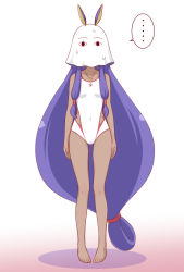 Rule 34 | ..., animal ears, arms at sides, bare arms, bare legs, bare shoulders, barefoot, breasts, collarbone, commentary request, competition swimsuit, cosplay, covered navel, dark-skinned female, dark skin, earrings, facing viewer, fate/grand order, fate (series), full body, gradient background, ha-ru, hoop earrings, jewelry, legs apart, long hair, low-tied long hair, mask, medjed (fate), medjed (fate) (cosplay), necklace, nitocris (fate), nitocris (fate/grand order), nitocris (swimsuit assassin) (fate), nitocris (swimsuit assassin) (second ascension) (fate), one-piece swimsuit, pendant, pigeon-toed, purple hair, rabbit ears, sidelocks, small breasts, solo, speech bubble, spoken ellipsis, standing, sweat, swimsuit, very long hair, white background, white one-piece swimsuit