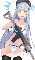 Rule 34 | !, !!, 1girl, 416 day, absurdres, assault rifle, beret, bikini, blue hair, breasts, cowboy shot, dated, expressionless, facial mark, girls&#039; frontline, gloves, green eyes, gun, h&amp;k hk416, hair ornament, hat, highres, hk416 (girls&#039; frontline), holding, holding gun, holding weapon, large breasts, long hair, looking at viewer, open mouth, panties, pantyshot, potryka2000, rifle, solo, straight hair, swimsuit, thighhighs, trigger discipline, twitter username, underwear, weapon, white bikini, white gloves, white panties