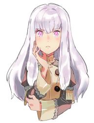 Rule 34 | 1girl, aisutabetao, blush, closed mouth, epaulettes, fire emblem, fire emblem: three houses, jacket, long hair, long sleeves, looking at viewer, lysithea von ordelia, nintendo, pink eyes, purple eyes, simple background, solo, uniform, upper body, white background, white hair
