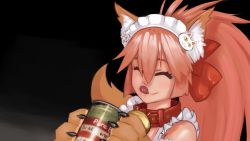 Rule 34 | 1girl, ^ ^, animal ear fluff, animal ears, animal hands, apron, bell, black background, bow, can, canned food, cat hair ornament, claws, closed eyes, collar, fate/grand order, fate (series), fox ears, fox girl, fox tail, hair bow, hair ornament, hair ribbon, long hair, maid headdress, naked apron, neck bell, paintrfiend, pink hair, red bow, red collar, red ribbon, ribbon, smile, solo, tail, tamamo (fate), tamamo cat (fate), tamamo cat (third ascension) (fate), tongue, tongue out
