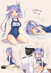 Rule 34 | 10s, 1girl, :d, :t, admiral (kancolle), blue hair, blush, breasts, fang, highres, i-19 (kancolle), kantai collection, large breasts, long hair, looking at viewer, lying, military, military uniform, multicolored hair, one-piece swimsuit, open mouth, personification, pout, red eyes, ribbon, sahara (charlotte), school swimsuit, sitting, smile, star-shaped pupils, star (symbol), swimsuit, symbol-shaped pupils, teardrop, torpedo, twintails, uniform, wariza