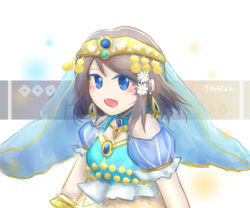 Rule 34 | 1girl, :o, aqua bow, aqua dress, aqua eyes, arabian clothes, artist name, artist request, bare shoulders, blue choker, blue eyes, blush, bow, bracelet, breasts, brown hair, choker, cleavage, clothing cutout, crescent, crescent earrings, dress, earrings, female focus, flower, frilled dress, frills, grey hair, hair between eyes, hair flower, hair ornament, heart, heart (symbol), heart print, jewelry, light brown hair, looking at viewer, love live!, love live! school idol festival, love live! sunshine!!, parted lips, princess, puffy short sleeves, puffy sleeves, short hair, short sleeves, shoulder cutout, small breasts, smile, solo, upper body, veil, vertical-striped sleeves, watanabe you, white background, white flower