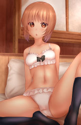 Rule 34 | 1girl, arms behind back, bed, black socks, bow, bow bra, bra, breasts, brown eyes, brown hair, butterfly sitting, commentary, commission, crotch seam, frilled bra, frilled panties, frills, girls und panzer, highres, indoors, knee up, looking at viewer, navel, nishizumi miho, on bed, open mouth, panties, pillow, pixiv commission, short hair, shounen (hogehoge), sitting, small breasts, socks, solo, sweatdrop, underwear, underwear only, white bra, white panties