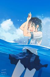 Rule 34 | 1girl, :d, ^ ^, arms up, artist request, black hair, black one-piece swimsuit, black skirt, blue necktie, blue sky, blush, breasts, closed eyes, cloud, commentary request, copyright request, dated, day, dutch angle, kusakabe (kusakabeworks), long hair, medium breasts, necktie, one-piece swimsuit, open mouth, partially submerged, partially underwater shot, pool, round teeth, school uniform, see-through, shirt, short sleeves, side ponytail, signature, skirt, sky, smile, solo, splashing, swimsuit, swimsuit under clothes, teeth, thighs, underwater, water, water drop, wet, wet clothes, wet shirt, white shirt