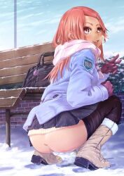 Rule 34 | 1girl, ass, bag, bench, black pantyhose, black skirt, blue jacket, blush, breasts, breath, brown eyes, clothes pull, cloud, from behind, gloves, hair ornament, hairclip, jacket, leggings pull, long hair, long sleeves, looking at viewer, looking back, lunalu9, medium breasts, open mouth, orange hair, outdoors, pantyhose, pantyhose pull, peeing, pink gloves, pink scarf, scarf, school bag, skirt, sky, smile, snow, solo, squatting, steam, teeth, v