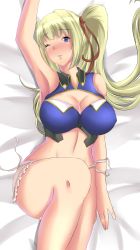 Rule 34 | 10s, 1girl, armpits, bare shoulders, blonde hair, blush, breasts, cleavage, cleavage cutout, clothing cutout, frills, gradient background, highres, limalisha, long hair, lying, madan no ou to vanadis, midriff, one eye closed, open mouth, panties, side ponytail, tears, underwear