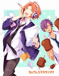 Rule 34 | 2boys, :d, ahoge, black necktie, blue background, blue necktie, boned meat, border, brown pants, buttons, collarbone, collared shirt, commentary request, crossed bangs, dark-skinned male, dark skin, ensemble stars!, envelope, food, green eyes, hair between eyes, hand up, headphones, holding, holding food, holding paper, holding pencil, jacket, kina (446964), looking at viewer, male focus, meat, mechanical pencil, medium hair, multiple boys, necktie, open clothes, open jacket, open mouth, orange hair, otogari adonis, outside border, pants, paper, parted bangs, pencil, plaid, plaid pants, purple hair, purple jacket, shirt, short hair, short sleeves, sidelocks, simple background, smile, standing, star (symbol), teeth, translation request, tsukinaga leo, upper teeth only, white border, white shirt, wing collar, yellow eyes