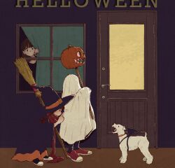 Rule 34 | 1other, 2girls, black footwear, blending, blush, broom, curtains, door, finger to mouth, ghost costume, halloween costume, hat, highres, holding, holding broom, jack-o&#039;-lantern, multiple girls, original, red footwear, shoes, shushing, syooooyoooo, white dog, window, witch hat