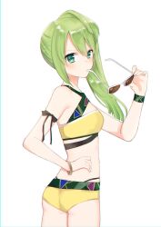 Rule 34 | 1girl, alina gray, alina gray (swimsuit costume), ass, bare shoulders, bikini, breasts, cowboy shot, dot nose, unworn eyewear, green eyes, green hair, hair between eyes, hand on own hip, highres, holding, holding removed eyewear, long hair, looking at viewer, magia record: mahou shoujo madoka magica gaiden, mahou shoujo madoka magica, medium breasts, mochiko (uyu omochi), navel, official alternate costume, ponytail, simple background, solo, standing, sunglasses, swimsuit, white background, yellow bikini