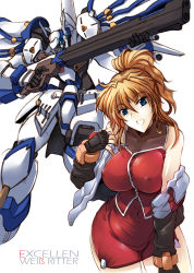 Rule 34 | 1girl, beam gun, black gloves, blonde hair, blue eyes, breasts, brown hair, character name, covered erect nipples, covered navel, excellen browning, fingerless gloves, gloves, haganef, helmet, highres, jacket, large breasts, leaning forward, long hair, looking at viewer, mecha, off shoulder, open clothes, open jacket, open mouth, ponytail, rein weissritter, robot, simple background, super robot wars, super robot wars original generation, weissritter, white background