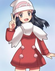 Rule 34 | 1girl, :d, beanie, black hair, coat, commentary request, creatures (company), dawn (pokemon), eyelashes, game freak, grey eyes, hand up, hat, long hair, long sleeves, nintendo, open mouth, pokemon, pokemon dppt, pokemon platinum, red coat, scarf, shugara, smile, solo, tongue, v, white hat, white scarf, winter clothes