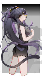 Rule 34 | 1girl, absurdres, animal ears, arknights, black background, black hair, black shorts, black tank top, border, cat ears, cat girl, closed mouth, expressionless, facing to the side, gradient background, grey background, highres, jessica (arknights), linnoko, long hair, looking at viewer, multicolored hair, ponytail, purple hair, shadow, shorts, solo, tank top, white border, yellow eyes