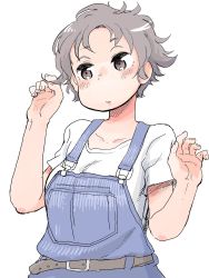 Rule 34 | 1girl, belt, blush, breasts, brown eyes, fingernails, grey hair, hands up, hare (tetterutei), highres, medium breasts, original, overalls, parted lips, shirt, short hair, short sleeves, simple background, solo, upper body, white background, white shirt