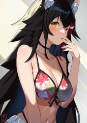 Rule 34 | 1girl, absurdres, animal ear fluff, animal ears, bare shoulders, belt collar, bikini, black choker, black hair, blush, breasts, choker, cleavage, collarbone, commentary request, fang, fingers to mouth, front-tie bikini top, front-tie top, hair ornament, hairclip, highres, hololive, large breasts, leaf print, long hair, looking at viewer, multicolored hair, navel, official alternate hairstyle, ookami mio, ookami mio (hololive summer 2019), open mouth, print bikini, red hair, shorts, sidelocks, solo, sskmsss, stomach, streaked hair, swimsuit, upper body, very long hair, virtual youtuber, white bikini, white shorts, wolf ears, wolf girl, yellow eyes