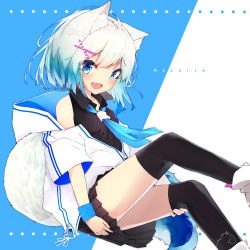 Rule 34 | 1girl, :d, absurdres, ahoge, animal ear fluff, animal ears, bare shoulders, black shirt, black skirt, black thighhighs, blue background, blue eyes, blue hair, blue neckerchief, blush, boots, collarbone, collared shirt, commentary request, fang, gradient hair, hair ornament, hairclip, hand on own thigh, hand on thigh, highres, hood, hood down, hooded jacket, jacket, knees up, looking at viewer, mayogii, multicolored hair, neckerchief, open clothes, open jacket, open mouth, original, pleated skirt, shirt, signature, silver hair, skirt, sleeveless, sleeveless shirt, smile, solo, tail, thighhighs, thighhighs under boots, two-tone background, white background, white footwear, white jacket, x hair ornament